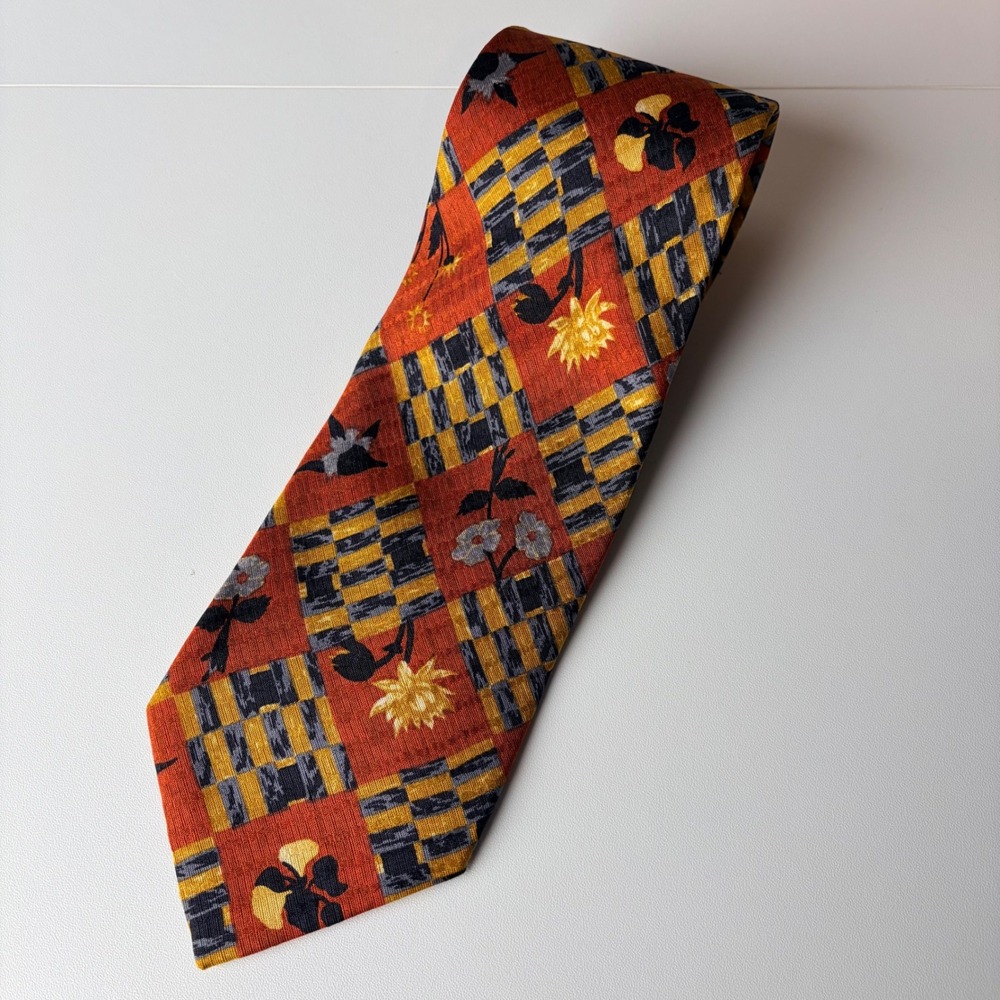 Ermenegildo Zegna Silk Tie Orange Yellow Navy Floral Patchwork Made in Italy